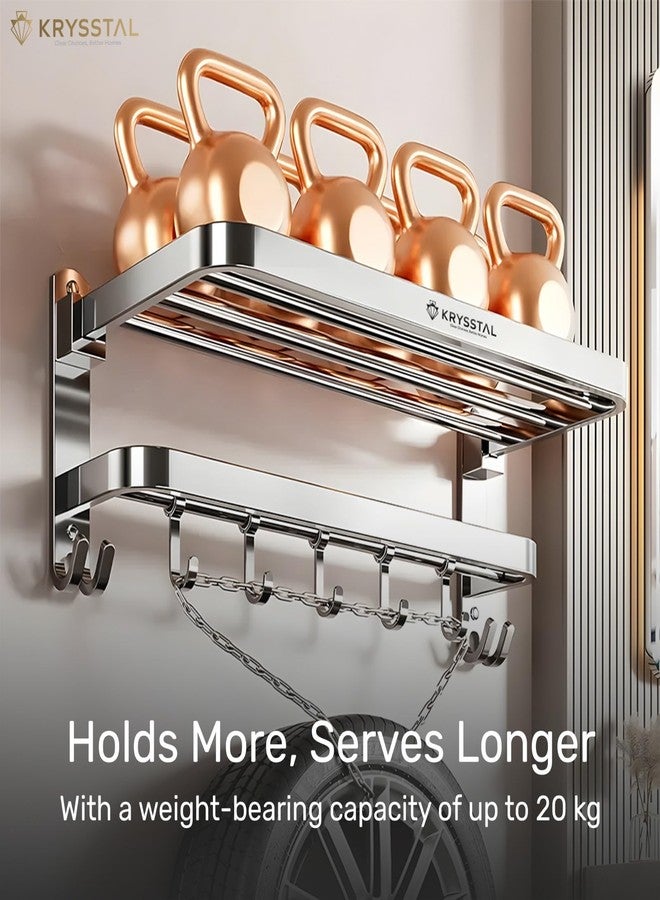 KRYSSTAL Towel Holder in Bathroom - Towel Hanger for Wall,TwinFlex 304 Stainless Steel Foldable Towel Rack, Rustproof Wall Mounted Bathroom Shelf with Hooks, Heavy Duty Bathroom Accessories,24 Inch, Silver - Image 3